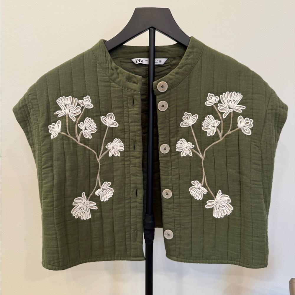 Zara Olive Green Quilted Button-Down Top with White Floral Appliqué